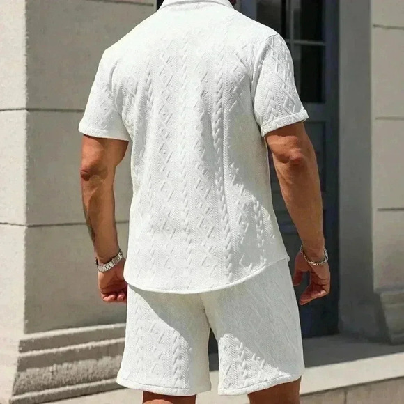 White Casual Men's Summer Solid Textured Shirt And Shorts Set - Picture 3 of 5